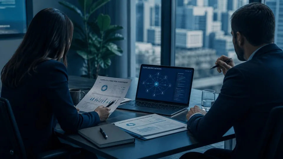 Two people reviewing third-party cyber-risk and due-diligence evidence