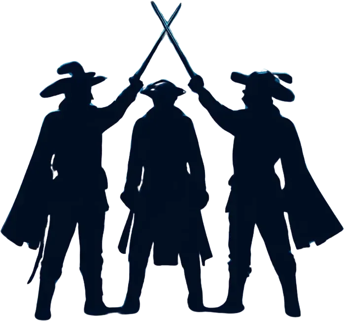 Three Musketeer specialists raising their swords together